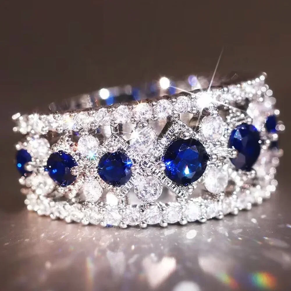 NEW 18k White Gold Blue Sapphire Diamond Ring Band